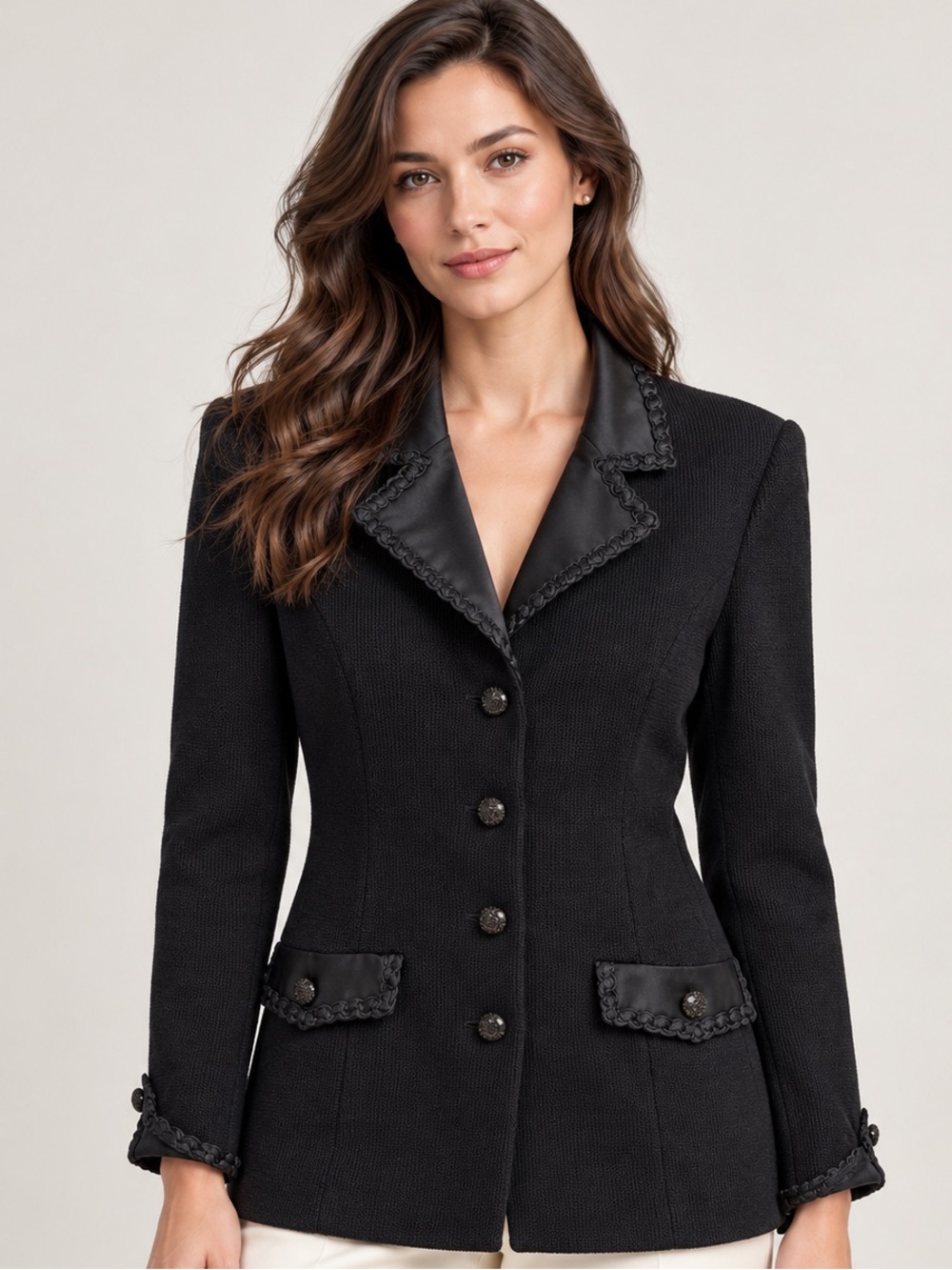 ST. JOHN Santana Knit Black Tailored Jacket with Braided Trim